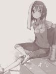  1girl 2016 arm_up artist_name bangs blush casual dappled_sunlight dated eyebrows eyebrows_visible_through_hair grey greyscale jacket kantai_collection ko_ru_ri looking_at_viewer monochrome open_clothes open_jacket pants sendai_(kantai_collection) shirt shoes short_hair short_sleeves sitting solo stairs sunlight t-shirt tareme thermos towel towel_on_head twintails undressing 
