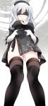  1girl black_dress black_legwear blindfold blush breasts cleavage commentary_request cosplay dress from_below gloves gluteal_fold hands_together hat highleg highleg_leotard highres kantai_collection kashima_(kantai_collection) leotard long_hair medium_breasts nier_(series) nier_automata oouso_(usotsukiya) open_clothes open_shirt shirt silver_hair solo sweatdrop thigh-highs upskirt yorha_no._2_type_b yorha_no._2_type_b_(cosplay) 