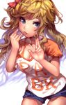  1girl absurdres blonde_hair blue_eyes blush breasts candy cleavage cowboy_shot denchu_(kazudentyu) finger_to_mouth food highres holding holding_food idolmaster idolmaster_cinderella_girls lollipop long_hair looking_at_viewer messy_hair one_side_up ootsuki_yui shirt short_shorts shorts smile solo t-shirt tongue tongue_out white_background 
