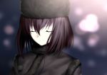  1girl absurdres black_hair closed_eyes fur-trimmed_hat fur-trimmed_jacket fur_trim hair_between_eyes highres jacket kuonji_alice kuraka mahou_tsukai_no_yoru short_hair solo type-moon 