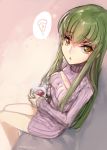  1girl breasts c.c. code_geass commentary_request creayus cup eyebrows_visible_through_hair food green_hair hair_over_shoulder holding holding_cup long_hair looking_at_viewer medium_breasts meme_attire open-chest_sweater open_mouth pizza sitting solo spoken_food sweater twitter_username yellow_eyes 