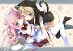  2girls animal_ears bell bell_collar black_legwear blonde_hair blue_eyes blush breasts candy cat_ears cat_tail cleavage collar fish_hair_ornament food glass hair_ornament heterochromia holding holding_tray hood hoodie ice_cream large_breasts lollipop multiple_girls open_mouth original pink_hair smile spoon sundae tail thigh-highs tray white_legwear yellow_background yoruneko 
