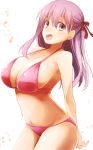  1girl alternate_costume bikini blush breasts fate/stay_night fate_(series) hair_ribbon kurikara large_breasts long_hair looking_at_viewer matou_sakura navel open_mouth pink_bikini purple_hair ribbon simple_background smile solo swimsuit violet_eyes white_background 