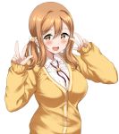  1girl :d bangs blush breasts brown_eyes brown_hair cardigan double_w eyebrows_visible_through_hair gorua_(youce01) hair_between_eyes kunikida_hanamaru large_breasts long_hair looking_at_viewer love_live! love_live!_sunshine!! low_twintails open_mouth sidelocks simple_background smile solo teeth twintails upper_body w white_background 
