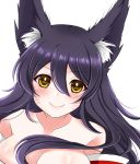  1girl ahri animal_ears bare_shoulders black_hair blush breasts cleavage detached_sleeves facial_mark fox_ears korean_clothes large_breasts league_of_legends light_smile lips long_hair looking_at_viewer mintmia11 simple_background slit_pupils solo whisker_markings white_background yellow_eyes 