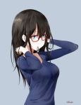  1girl arms_up artist_name black_hair blue_background blue_eyes breasts glasses hairband highres idolmaster idolmaster_cinderella_girls large_breasts leewh1515 long_hair long_sleeves mouth_hold sagisawa_fumika simple_background solo upper_body 