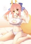  1girl :d animal_ears bell bell_choker blush bow breasts cat_lingerie choker cleavage cleavage_cutout fang fate/extra fate_(series) fox_ears fox_tail hair_bow hair_ribbon jingle_bell kurikara large_breasts looking_at_viewer meme_attire navel on_bed open_mouth panties paw_pose pink_hair ribbon side-tie_panties sitting smile solo tail tamamo_(fate)_(all) tamamo_no_mae_(fate) twintails underwear wariza white_panties yellow_eyes 