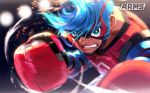  1boy arms_(game) blanco026 blue_hair boxing_gloves domino_mask looking_at_viewer male_focus mask pompadour solo spring_man_(arms) 