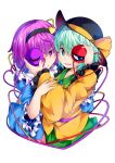  2girls bangs black_hairband black_hat blush chestnut_mouth eyeball frilled_shirt_collar frilled_sleeves frills green_eyes green_hair hairband hat hat_ribbon heart heart_of_string highres ishimu komeiji_koishi komeiji_satori long_sleeves looking_at_viewer multiple_girls purple_hair ribbon shirt short_hair siblings sisters skirt smile third_eye touhou upper_body violet_eyes wide_sleeves yellow_ribbon 