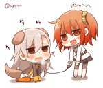  2girls ahoge animal_ears blush braid breath chibi dog_ears dog_tail eyebrows_visible_through_hair fate/grand_order fate_(series) fujimaru_ritsuka_(female) hair_ornament hair_scrunchie heavy_breathing kujiran long_hair multiple_girls olga_marie open_mouth orange_eyes orange_hair scrunchie short_hair side_ponytail silver_hair tail translation_request twitter_username 