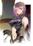  1girl bare_shoulders breasts calligraphy_brush_(medium) fate_(series) hair_over_one_eye highres ikuyoan looking_to_the_side medium_breasts navel purple_hair shielder_(fate/grand_order) short_hair signature smile solo violet_eyes 