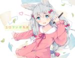  1girl animal_ears blue_eyes blush bow copyright_name eromanga_sensei hair_bow heart ivy1993 izumi_sagiri kemonomimi_mode long_hair looking_at_viewer open_mouth outstretched_arm pajamas red_bow red_ribbon ribbon solo stylus 