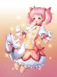  bubble_skirt choker dermiss gloves gradient gradient_background kaname_madoka kyubey magical_girl mahou_shoujo_madoka_magica open_mouth pink_eyes pink_hair short_hair short_twintails skirt soul_gem twintails white_gloves 