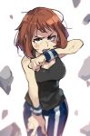  1girl bare_shoulders blush_stickers boku_no_hero_academia breasts brown_eyes brown_hair bruise commentary_request debris eyebrows frown injury jinno_(megacake) looking_at_viewer pants short_hair simple_background solo sweat tank_top track_pants uraraka_ochako white_background wiping_face wristband 