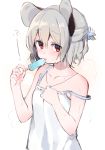  1girl :p akagashi_hagane alternate_costume alternate_hairstyle animal_ears blue_ice_cream blush camisole clenched_hand collarbone food from_side grey_hair hair_between_eyes hair_ornament half_updo hand_on_own_chest holding holding_food hot ice_cream jewelry licking looking_at_viewer mouse_ears multicolored multicolored_background nazrin necklace pendant pink_background popsicle red_eyes ribbon-trimmed_clothes ribbon-trimmed_shirt ribbon_trim sanpaku shirt short_hair solo strap_slip summer sweat tongue tongue_out touhou two-tone_background upper_body vapors white_background white_shirt 