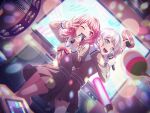 2girls bang_dream! blush dress karaoke maruyama_aya microphone official_art pink_eyes pink_hair school_uniform short_hair smile wakamiya_eve wink