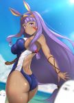  1girl alternate_costume arms_at_sides ass bare_arms bare_shoulders breasts butt_crack colored_eyelashes competition_swimsuit cowboy_shot dark_skin earrings facial_mark fate/grand_order fate_(series) from_behind hairband hoop_earrings jewelry light_smile long_hair looking_at_viewer medium_breasts nitocris_(fate/grand_order) one-piece_swimsuit outstretched_hand purple_hair sideboob sidelocks swimsuit thighs untsue very_long_hair violet_eyes 