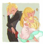  1boy 1girl black_pants blonde_hair braid brother_and_sister closed_eyes dress gladio_(pokemon) green_eyes highres hood hoodie lillie_(pokemon) long_hair long_sleeves meipu_hm open_mouth pants pokemon pokemon_(game) pokemon_sm short_hair siblings simple_background sleeveless sleeveless_dress twin_braids white_dress 