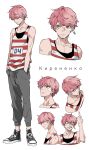  1boy absurdres angry black_shoes brown_eyes character_name character_sheet closed_eyes converse expressions full_body hands_in_pockets highres kirenenko looking_at_viewer male_focus middle_finger nitsume_(keyll) pants paperclip personification pink_hair russian scar shoes short_hair simple_background sweatpants tank_top usavich white_background 