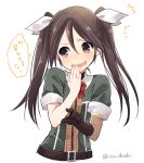  1girl brown_eyes brown_gloves brown_hair elbow_gloves gloves hair_ribbon hand_to_own_mouth ica kantai_collection laughing long_hair looking_at_viewer pointing ribbon smile solo tone_(kantai_collection) translated twintails twitter_username 