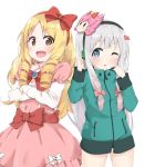  2girls :d blonde_hair bow brown_eyes crossed_arms drill_hair eromanga_sensei hair_bow hair_ribbon hairband headset highres hoshikuzu_witch_meruru izumi_sagiri jacket long_hair looking_at_viewer mask mask_on_head meruru_(oreimo) multiple_girls one_eye_closed open_mouth pink_bow pointy_ears racchi. red_hairband red_ribbon ribbon silver_hair simple_background smile standing twin_drills white_background yamada_elf 