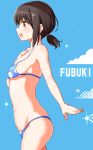  1girl :d absurdres bare_arms bare_shoulders bikini blue_background blue_bikini breasts brown_eyes brown_hair character_name fubuki_(kantai_collection) highres kantai_collection maeshimashi open_mouth polka_dot polka_dot_bikini short_hair short_ponytail small_breasts smile solo swimsuit teeth 