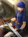  blue_eyes blue_hair fire_emblem fire_emblem:_akatsuki_no_megami fire_emblem:_souen_no_kiseki headband holding holding_sword holding_weapon ike komugikomix looking_at_viewer polishing sword weapon 