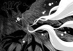  1girl bird greyscale highres long_hair looking_at_another monochrome niiko_(gonnzou) nude one-eyed reiuji_utsuho silhouette touhou wings yatagarasu 