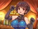  1girl blush bottle breasts brown_eyes brown_hair bush commentary_request elbow_gloves gloves hairband idolmaster idolmaster_cinderella_girls lamp large_breasts looking_at_viewer oikawa_shizuku open_mouth plump shigatake short_hair smile solo upper_body zipper 