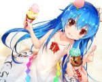  1girl adapted_costume bangs blue_hair collarbone commentary_request dress dutch_angle efe flat_chest food fruit gradient gradient_background hair_between_eyes hinanawi_tenshi holding holding_spoon ice_cream licking_lips long_hair peach red_eyes revision smile solo_focus spoon sundress tongue tongue_out touhou white_dress 