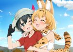  2girls ;d ^_^ adjusting_clothes adjusting_hat animal_ears bare_shoulders black_hair blonde_hair blush bow bowtie closed_eyes clouds day elbow_gloves gloves happy hat hug hug_from_behind kaban_(kemono_friends) kemono_friends mokyutan multiple_girls one_eye_closed open_mouth outdoors red_shirt serval_(kemono_friends) serval_ears serval_print serval_tail shirt short_hair sky smile tail upper_body wavy_mouth 