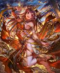  1girl :d anklet armlet artist_request bracelet brown_hair clouds cloudy_sky covered_navel cygames dancer eyebrows_visible_through_hair jewelry long_hair looking_at_viewer navel official_art open_mouth plantar_flexion red_eyes revealing_clothes shadowverse shingeki_no_bahamut sky smile sun_oracle_pascale sunset thigh-highs toeless_socks 
