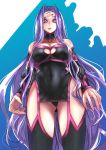  bacs boots breasts bridal_gauntlets choker cleavage_cutout collar collarbone dress facial_mark fate/grand_order fate_(series) forehead_mark from_below gluteal_fold highres long_hair looking_at_viewer looking_down medium_breasts purple_hair rider strapless strapless_dress thigh-highs thigh_boots very_long_hair violet_eyes 