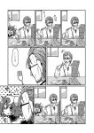  1boy 1girl baguette bread breakfast closed_eyes comic egg food fork gin_(shioyude) grabbing greyscale halftone head_grab highres ikazuchi_(kantai_collection) kantai_collection monochrome newspaper one_eye_closed open_mouth sausage sunglasses tehepero tomato tongue tongue_out translated 