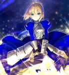  1girl ahoge armor armored_dress blonde_hair blue_dress blue_eyes blue_ribbon dress excalibur eyebrows_visible_through_hair fate/stay_night fate_(series) gauntlets hair_ribbon holding holding_sword holding_weapon looking_at_viewer ribbon saber sakuyosi short_hair solo standing sword weapon 