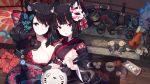  2girls animal_ears black_hair blue_eyes blush breasts butterfly_hair_ornament cat_ears cleavage eyebrows_visible_through_hair hair_ornament highres large_breasts looking_at_viewer mask mask_on_head multiple_girls open_mouth original rain_lan red_eyes sideboob smile 
