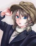  1girl adjusting_clothes adjusting_hat blue_eyes brown_hat eyebrows_visible_through_hair grey_hair hat looking_at_viewer love_live! love_live!_sunshine!! shizu5912 short_hair solo upper_body watanabe_you 