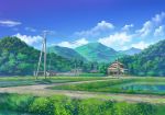  clouds commentary farm flower grass house landscape monorisu mountain no_humans original path power_lines road rural scenery sky telephone_pole tree wall water 