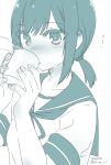  1girl bangs blush coffee_cup collarbone cup drinking eyebrows_visible_through_hair eyelashes fingernails fubuki_(kantai_collection) green hair_tie holding holding_cup kantai_collection ko_ru_ri long_hair low_ponytail monochrome nose_blush parted_lips ribbon school_uniform serafuku short_sleeves simple_background sleeve_cuffs solo steam tsurime upper_body white_background 