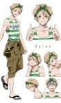  1boy absurdres bandanna blonde_hair brown_hair character_name character_sheet expressions full_body highres jumpsuit male_focus nitsume_(keyll) personification putin russian sandals short_hair smile sweat tank_top turn_pale usavich v wrench 