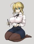  1girl ahoge artoria_pendragon_lancer_(fate/grand_order) black_legwear blonde_hair breasts casual chopsticks cosplay dress fate/grand_order fate/stay_night fate_(series) green_eyes highres kneeling large_breasts looking_at_viewer pantyhose pencil_skirt rice rice_bowl saber saber_(cosplay) seiza shinpu sitting skirt smile solo 