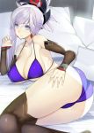  1girl ass asymmetrical_hair bed_sheet bikini black_legwear blue_bikini blue_eyes blush breasts brown_legwear cleavage collarbone commentary_request detached_sleeves earrings eyebrows_visible_through_hair fate/grand_order fate_(series) hair_ornament hand_on_own_ass jewelry large_breasts long_hair looking_at_viewer lying miyamoto_musashi_(fate/grand_order) ponytail silver_hair solo swimsuit takatou_suzunosuke thigh-highs 