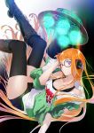  1girl bare_shoulders boots fur_trim glasses headphones highres jacket necronomicon_(persona_5) orange_hair persona persona_5 ryokucha_(i_cobalt) sakura_futaba short_shorts shorts tank_top thigh-highs ufo violet_eyes 