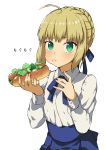  1girl ahoge apon blonde_hair blue_ribbon blue_skirt blush braid closed_mouth commentary_request eating fate/stay_night fate_(series) food food_on_face french_braid green_eyes hair_ribbon high-waist_skirt highres holding holding_food hot_dog looking_at_viewer ribbon saber shirt sidelocks simple_background skirt solo translation_request white_background white_shirt 
