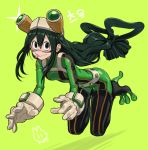  1girl :&gt; :p artist_name asui_tsuyu beige_gloves belt black_eyes black_hair bodysuit boku_no_hero_academia buttons closed_mouth eyelashes floating floating_hair full_body gloves goggles goggles_on_head green_background green_bodysuit hair_between_eyes long_hair looking_at_viewer low-tied_long_hair rod_(rod4817) sanpaku shadow shiny shiny_hair signature smile solo star tongue tongue_out uniform very_long_hair 