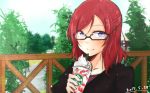  1girl bespectacled black-framed_eyewear cup dated drinking_straw fence glasses half_updo highres holding holding_cup looking_at_viewer love_live! love_live!_school_idol_project nishikino_maki portrait redhead rurika_seijin semi-rimless_glasses smile solo starbucks tree under-rim_glasses violet_eyes whipped_cream 