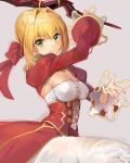  1girl aestus_estus ahoge blonde_hair braid breasts cleavage epaulettes eyebrows_visible_through_hair fate/extra fate_(series) french_braid green_eyes grey_background hair_intakes hair_ribbon holding holding_weapon looking_at_viewer medium_breasts red_ribbon ribbon saber_extra short_hair shovelwell simple_background smile solo sword weapon wide_sleeves 