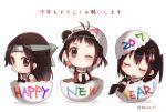  2017 3girls antenna_hair artist_name black_gloves black_legwear black_necktie blush brown_eyes brown_hair chibi closed_eyes commentary_request double-breasted egg elbow_gloves forehead_protector gloves hair_bun hair_ornament hair_scrunchie hairpin happy_new_year hatching jintsuu_(kantai_collection) kantai_collection kneehighs ko_ru_ri kotoyoro long_hair looking_at_viewer lying multiple_girls naka_(kantai_collection) necktie new_year on_back one_eye_closed open_mouth puffy_short_sleeves puffy_sleeves sailor_collar scrunchie sendai_(kantai_collection) short_hair short_sleeves short_twintails simple_background skirt sleeping tareme tassel translated twintails twitter_username white_background white_skirt 