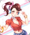  1girl ;o absurdres bangle belt belt_buckle blush bracelet breasts brown_eyes brown_hair buckle buttons checkered_shirt cleavage d.va_(overwatch) denim earrings foreshortening front-tie_top glint hair_ribbon headphones highres hoop_earrings jeans jewelry long_hair medium_breasts midriff nail_polish navel one_eye_closed open_mouth outstretched_arm overwatch pants pink_ribbon ponytail red_nails red_shirt ribbon self_shot shirt short_sleeves solo sparkle stomach ttaji_(pass35) unbuttoned upper_body viewfinder white_ribbon 