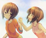 2girls bangs closed_eyes closed_mouth collarbone esgkjj eyebrows_visible_through_hair facing_another girls_und_panzer hand_holding interlocked_fingers long_sleeves looking_at_another looking_back multiple_girls nishizumi_maho nishizumi_miho open_mouth orange_shirt pink_shirt shirt short_hair siblings sisters smile standing tank_top upper_body younger 